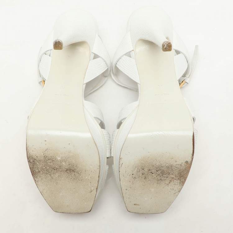 Pre Owned Saint Laurent White Lizard Embossed Leather Tribute Platform Sandals Size 39