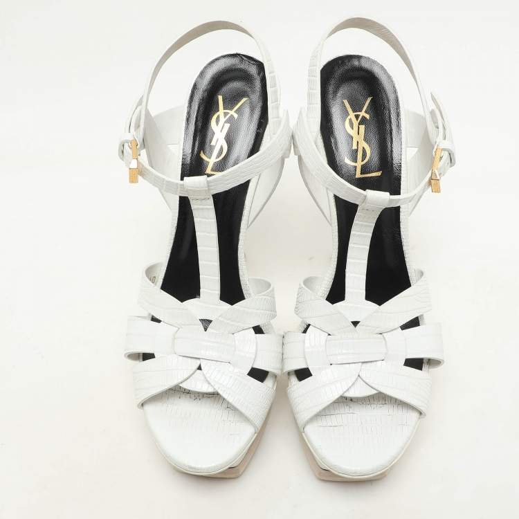 Pre Owned Saint Laurent White Lizard Embossed Leather Tribute Platform Sandals Size 39