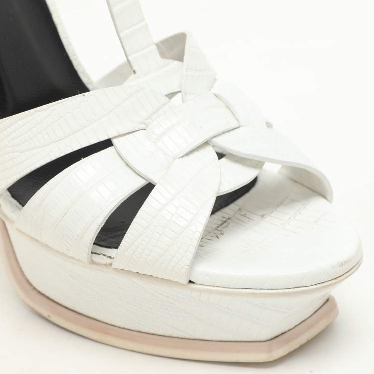 Pre Owned Saint Laurent White Lizard Embossed Leather Tribute Platform Sandals Size 39