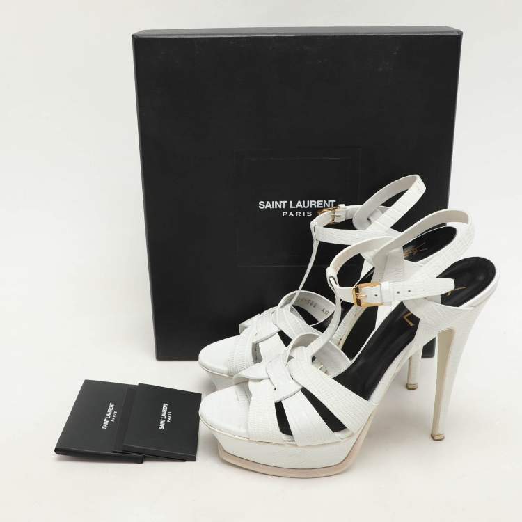 Pre Owned Saint Laurent White Lizard Embossed Leather Tribute Platform Sandals Size 39