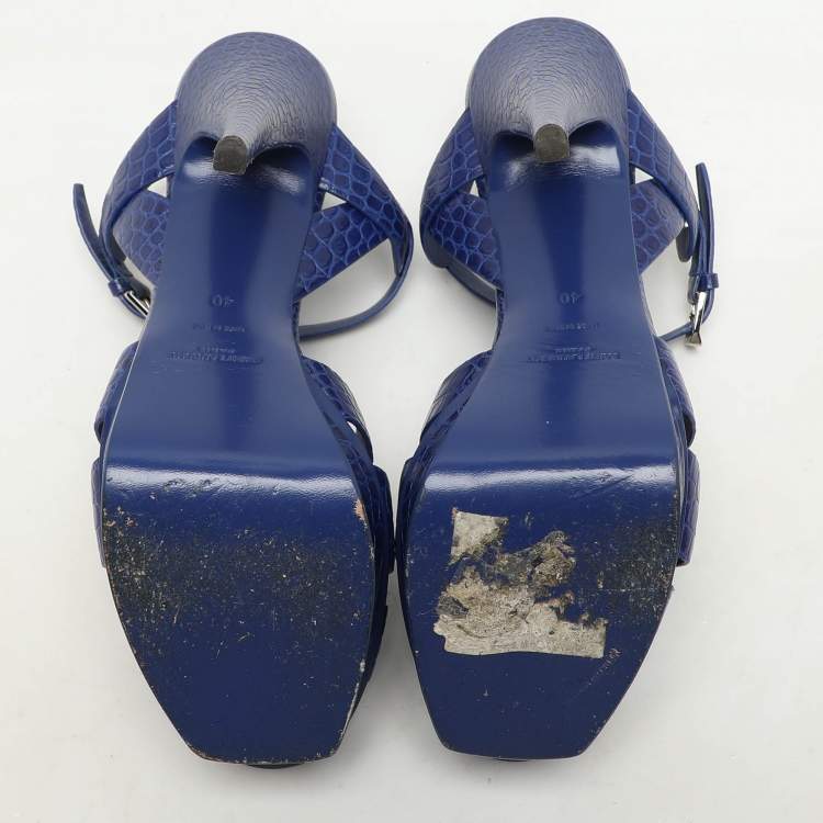 Pre Owned Saint Laurent Blue Croc Embossed Leather Tribute Platform Sandals Size 40