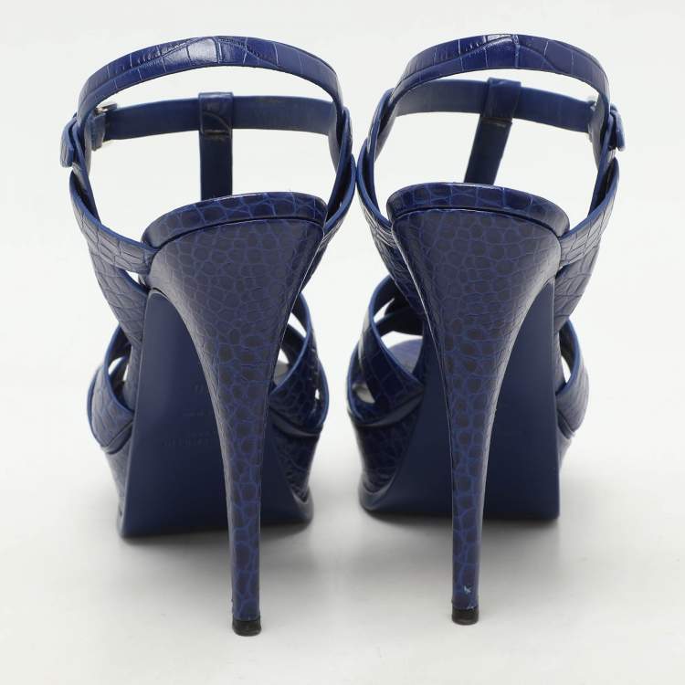 Pre Owned Saint Laurent Blue Croc Embossed Leather Tribute Platform Sandals Size 40