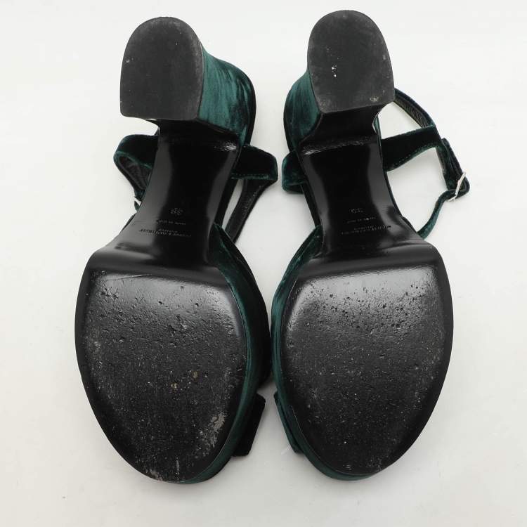 Pre Owned Saint Laurent Green Velvet Candy Bow Platform Sandals Size 39