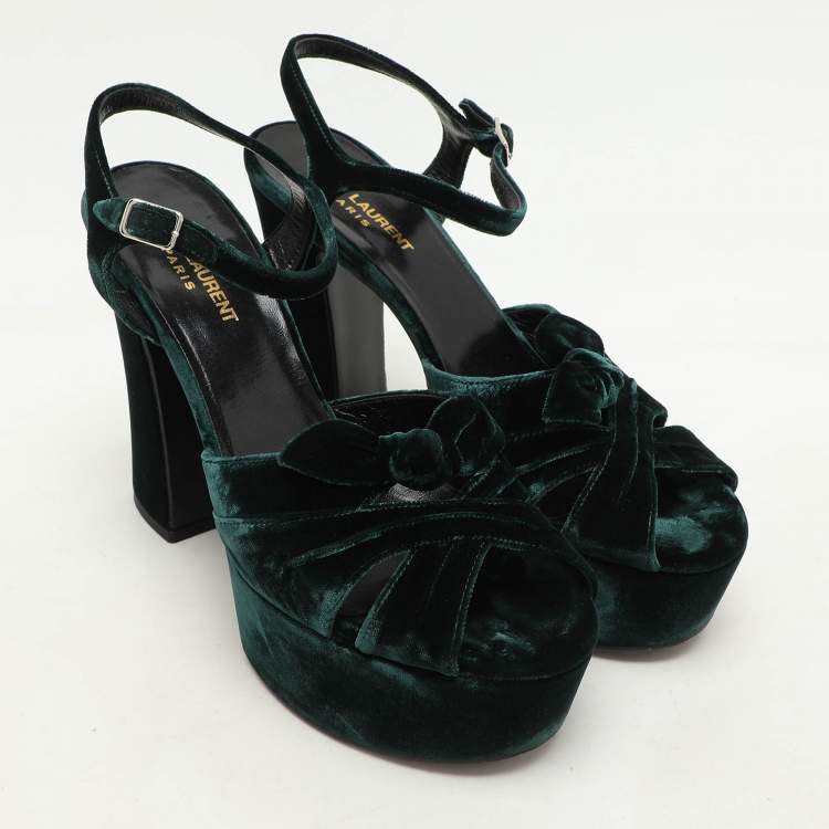 Pre Owned Saint Laurent Green Velvet Candy Bow Platform Sandals Size 39