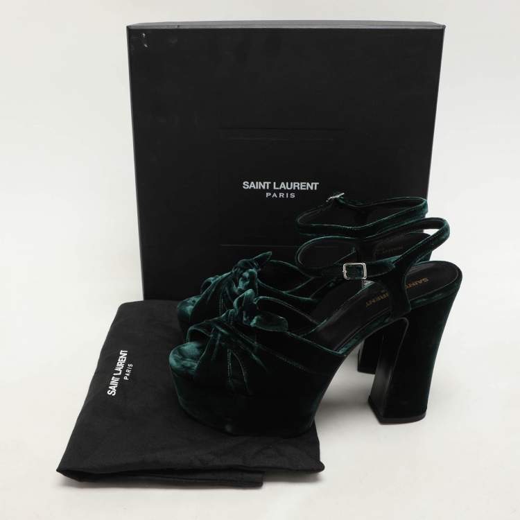 Pre Owned Saint Laurent Green Velvet Candy Bow Platform Sandals Size 39