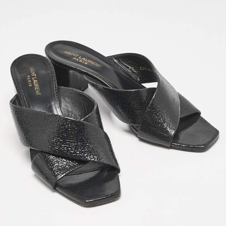 Pre Owned Saint Laurent Black Texture Leather Loulou Criss Cross Mules Size 41