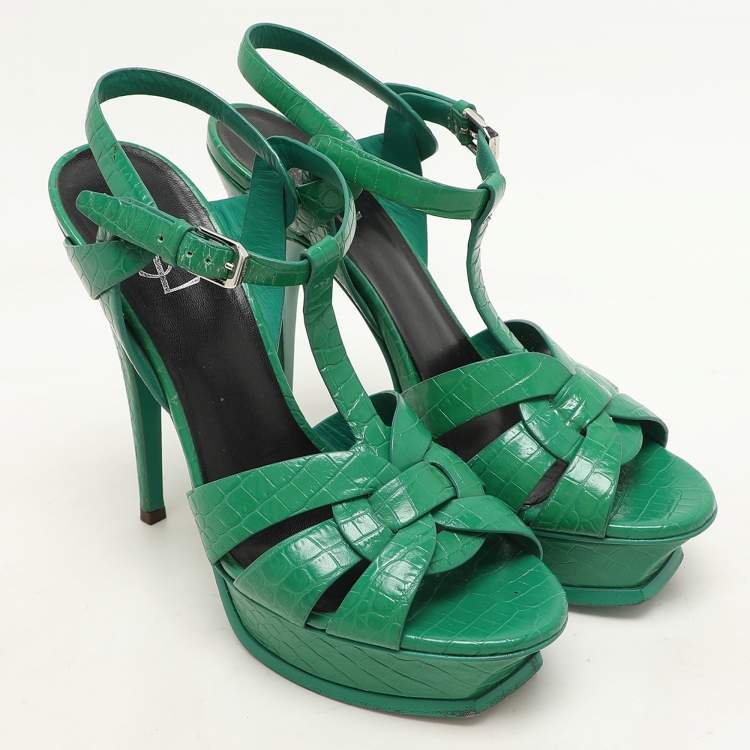 Pre Owned Saint Laurent Green Croc Embossed Leather Tribute Platform Sandals Size 39