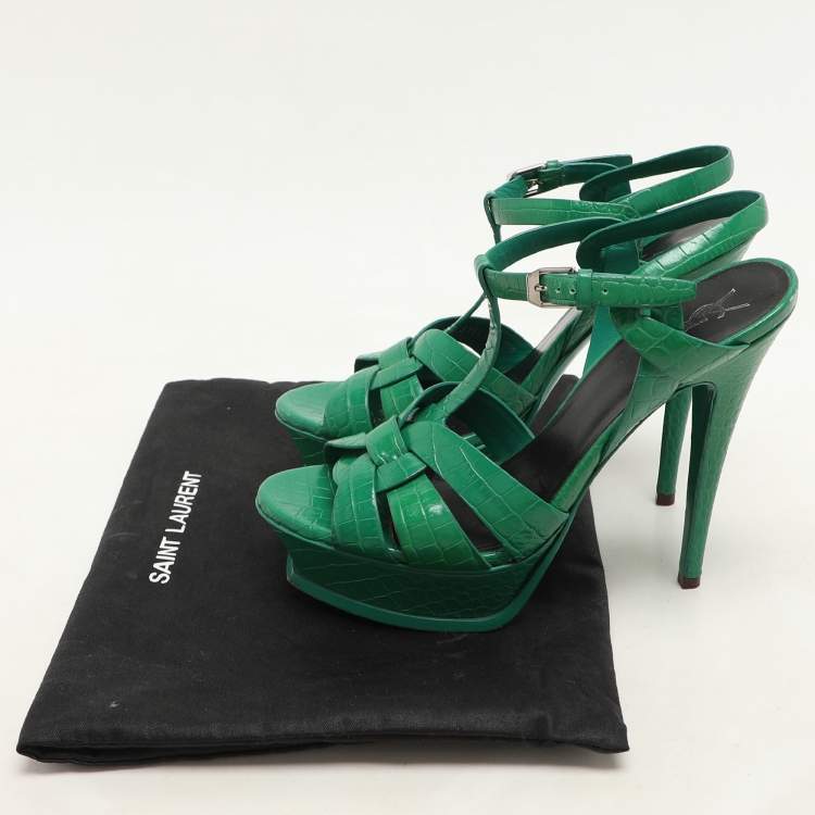 Pre Owned Saint Laurent Green Croc Embossed Leather Tribute Platform Sandals Size 39