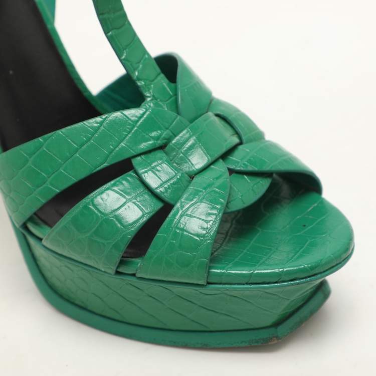 Pre Owned Saint Laurent Green Croc Embossed Leather Tribute Platform Sandals Size 39