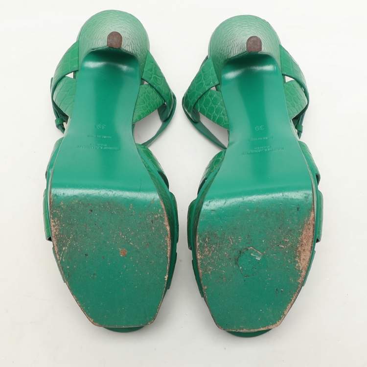 Pre Owned Saint Laurent Green Croc Embossed Leather Tribute Platform Sandals Size 39