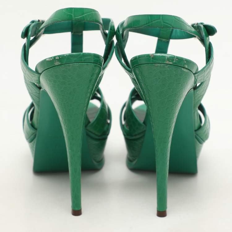 Pre Owned Saint Laurent Green Croc Embossed Leather Tribute Platform Sandals Size 39