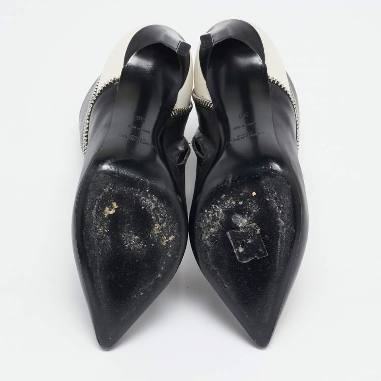Pre Owned Saint Laurent Black/White Leather Zip Detail Ankle Length Boots Size 36