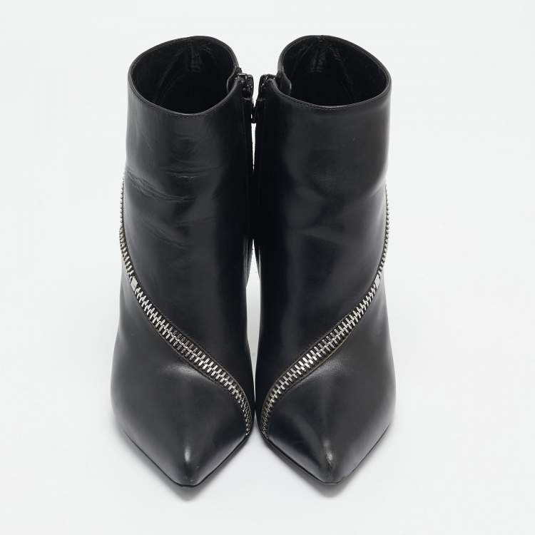 Pre Owned Saint Laurent Black/White Leather Zip Detail Ankle Length Boots Size 36