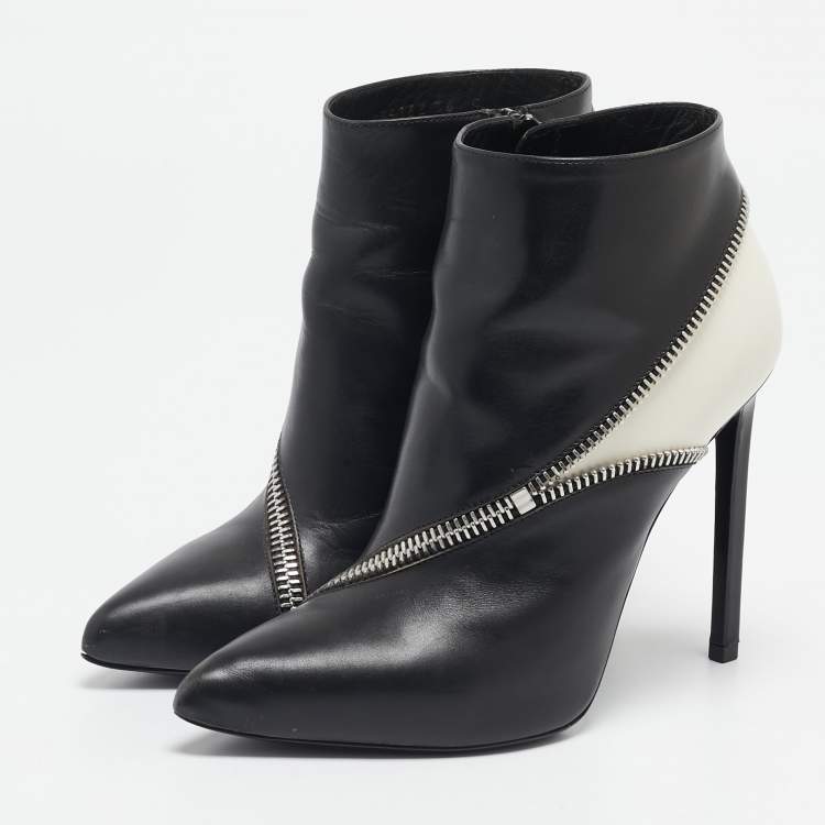 Pre Owned Saint Laurent Black/White Leather Zip Detail Ankle Length Boots Size 36