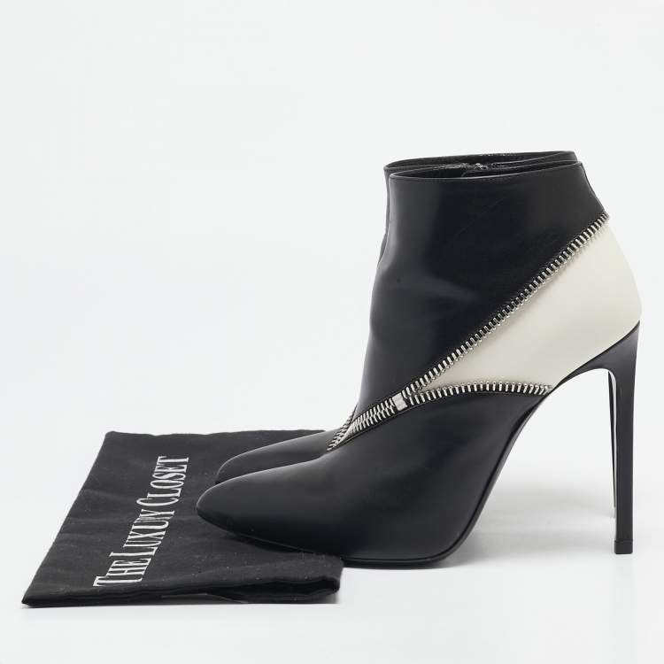 Pre Owned Saint Laurent Black/White Leather Zip Detail Ankle Length Boots Size 36