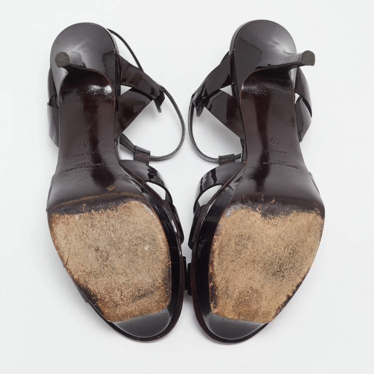 Pre Owned Saint Laurent Burgundy Patent Leather Tribute Ankle Strap Sandals Size 39