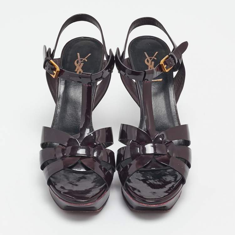 Pre Owned Saint Laurent Burgundy Patent Leather Tribute Ankle Strap Sandals Size 39
