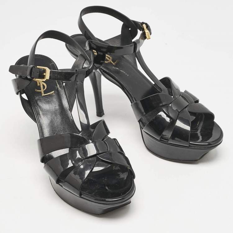 Pre Owned Saint Laurent Black Patent Leather Tribute Platform Sandals Size 38