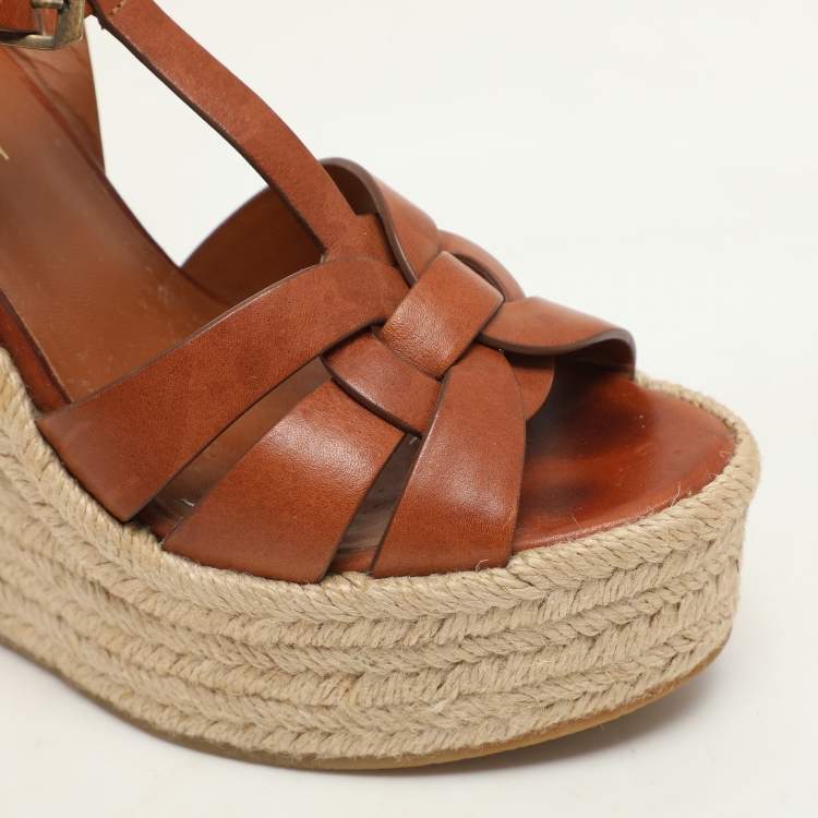 Pre Owned Saint Laurent Brown Leather Tribute Espadrille Wedge Sandals 37.5