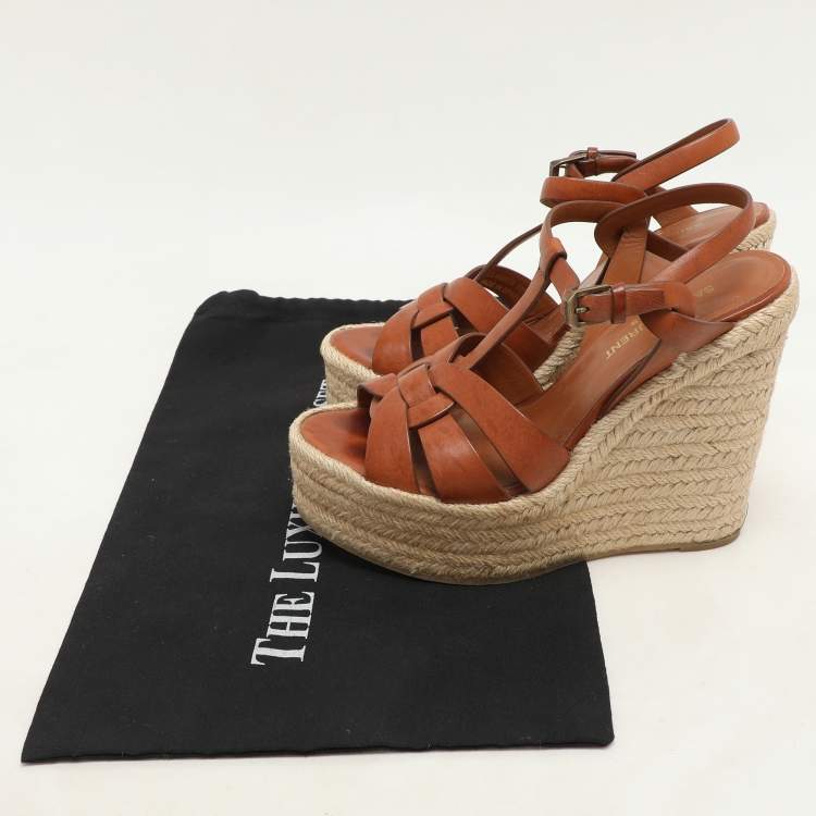 Pre Owned Saint Laurent Brown Leather Tribute Espadrille Wedge Sandals 37.5