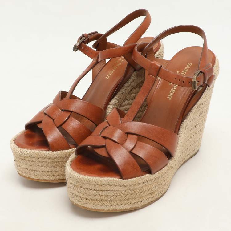 Pre Owned Saint Laurent Brown Leather Tribute Espadrille Wedge Sandals 37.5