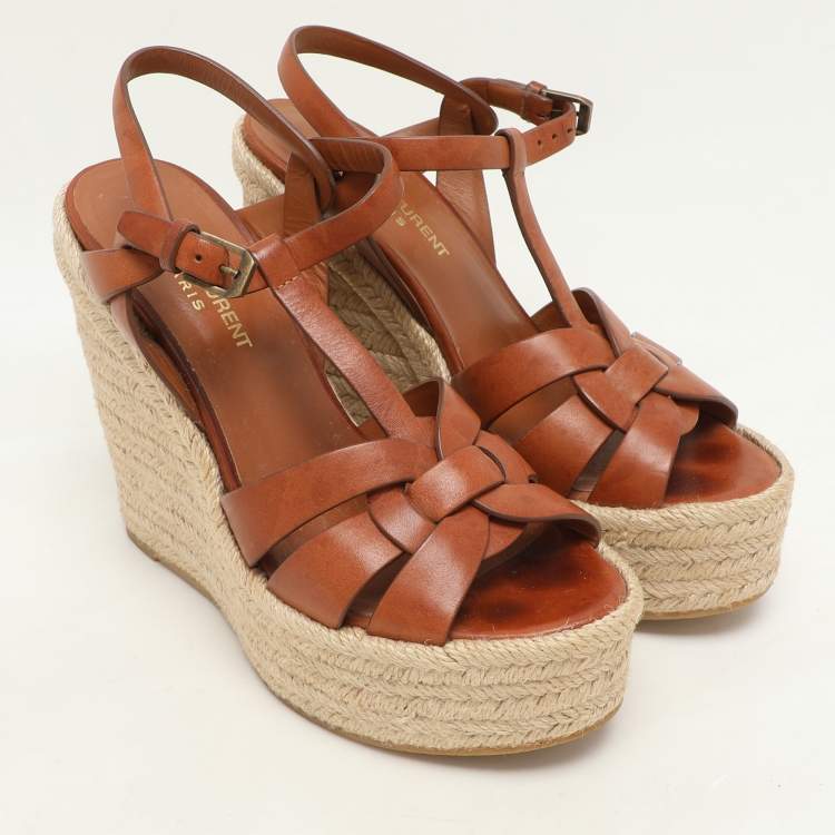 Pre Owned Saint Laurent Brown Leather Tribute Espadrille Wedge Sandals 37.5