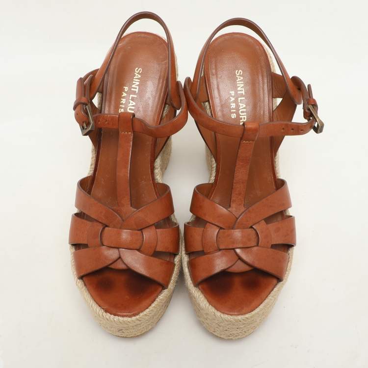 Pre Owned Saint Laurent Brown Leather Tribute Espadrille Wedge Sandals 37.5