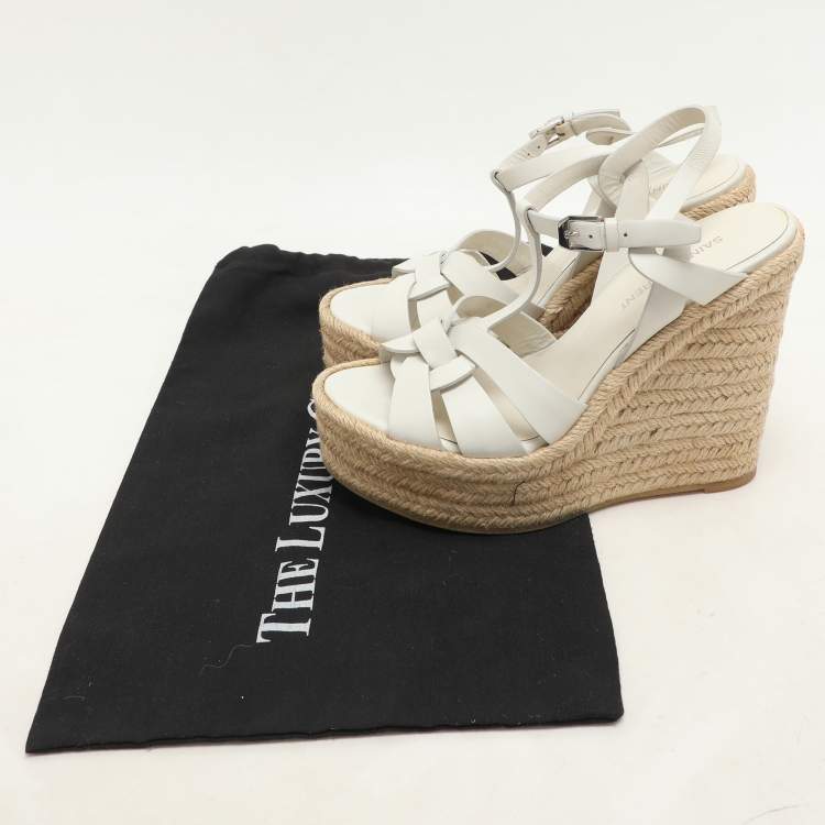 Pre Owned Saint Laurent White Leather Tribute Wedge Espadrille Sandals Size 37.5