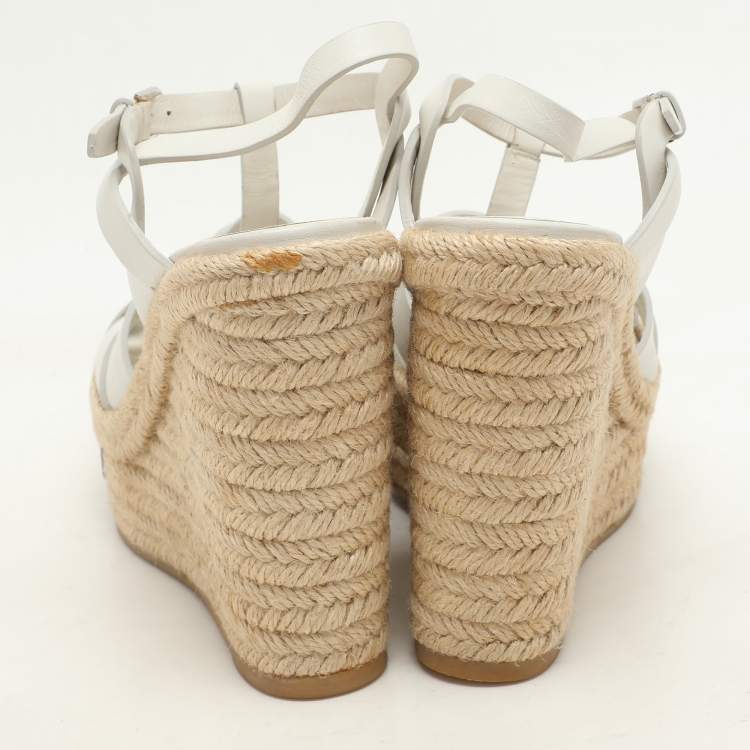 Pre Owned Saint Laurent White Leather Tribute Wedge Espadrille Sandals Size 37.5