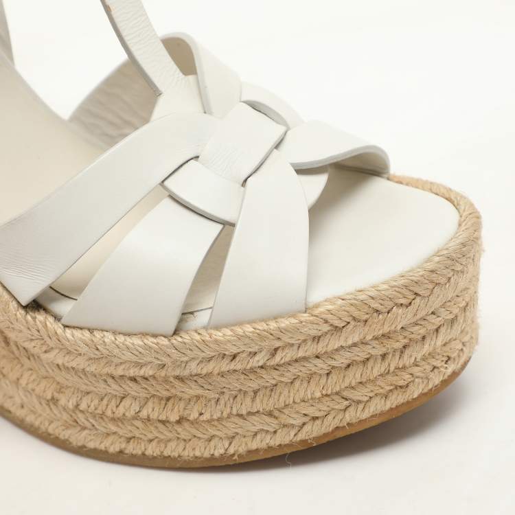 Pre Owned Saint Laurent White Leather Tribute Wedge Espadrille Sandals Size 37.5