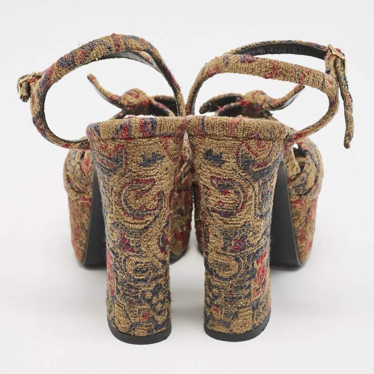 Pre Owned Saint Laurent Multicolor Brocade Fabric Candy Bow Platform Sandals Size 36