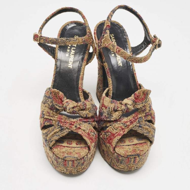 Pre Owned Saint Laurent Multicolor Brocade Fabric Candy Bow Platform Sandals Size 36