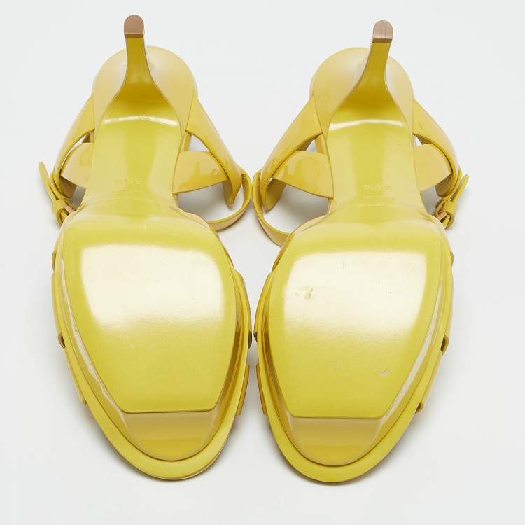 Pre Owned Saint Laurent Yellow Patent Leather Tribute Platform Sandals Size 38.5