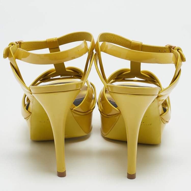 Pre Owned Saint Laurent Yellow Patent Leather Tribute Platform Sandals Size 38.5