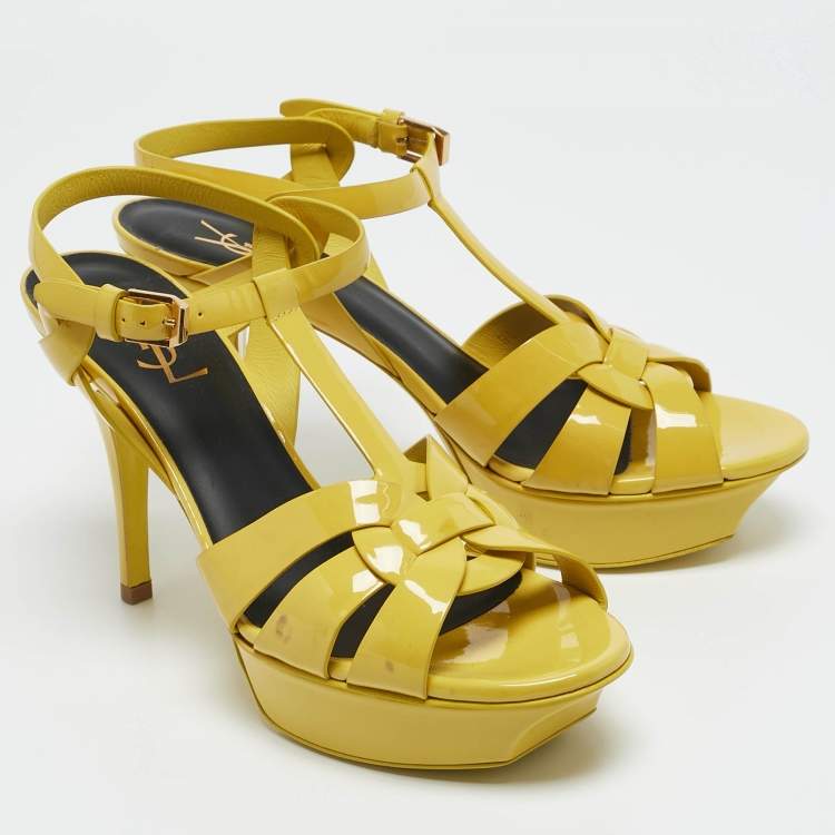 Pre Owned Saint Laurent Yellow Patent Leather Tribute Platform Sandals Size 38.5