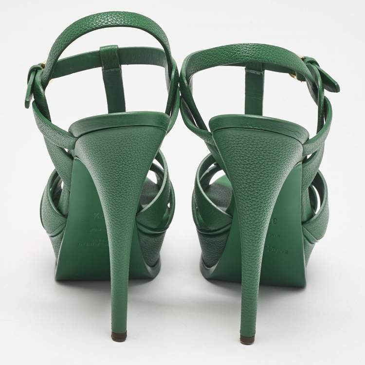 Pre Owned Saint Laurent Green Leather Tribute Platform Sandals Size 37.5