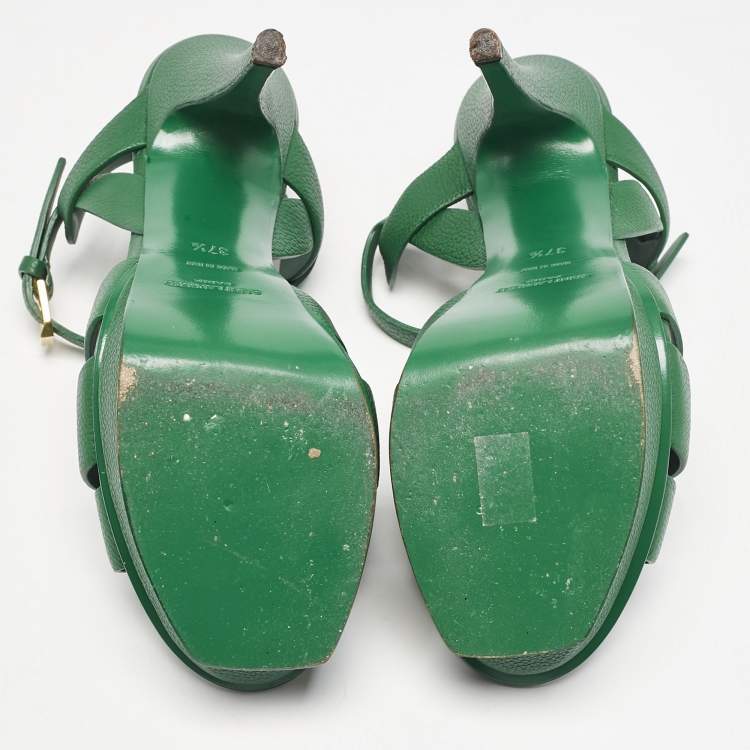 Pre Owned Saint Laurent Green Leather Tribute Platform Sandals Size 37.5