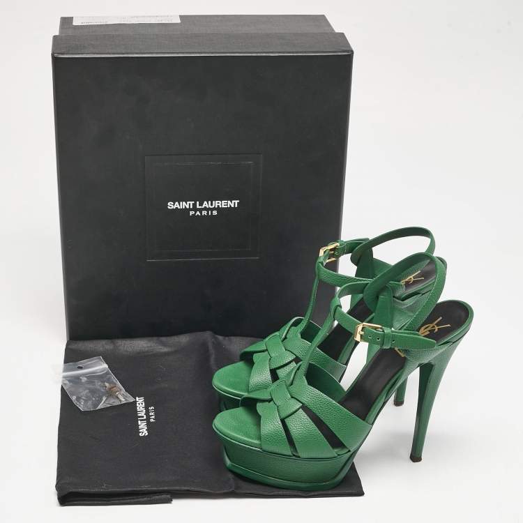 Pre Owned Saint Laurent Green Leather Tribute Platform Sandals Size 37.5