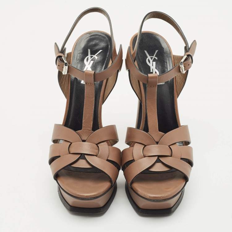 Pre Owned Saint Laurent Brown Leather Tribute Platform Sandals Size 36