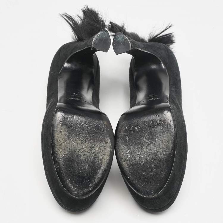 Pre Owned Saint Laurent  Black Fur and Suede Platform Pumps Size 39