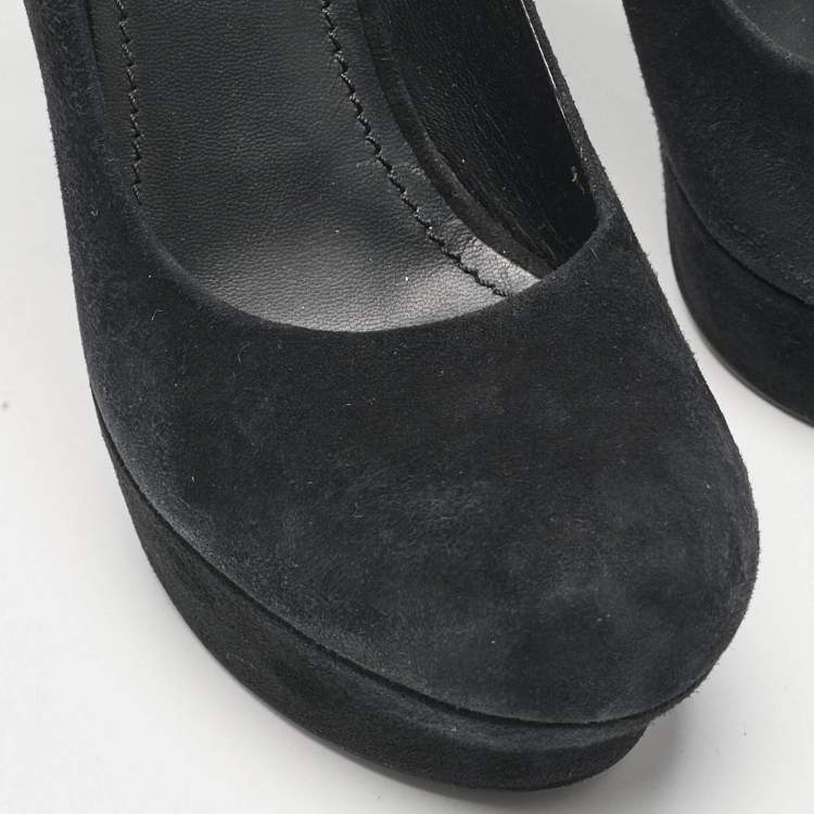 Pre Owned Saint Laurent  Black Fur and Suede Platform Pumps Size 39