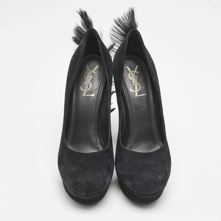 Pre Owned Saint Laurent  Black Fur and Suede Platform Pumps Size 39