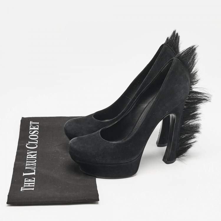 Pre Owned Saint Laurent  Black Fur and Suede Platform Pumps Size 39
