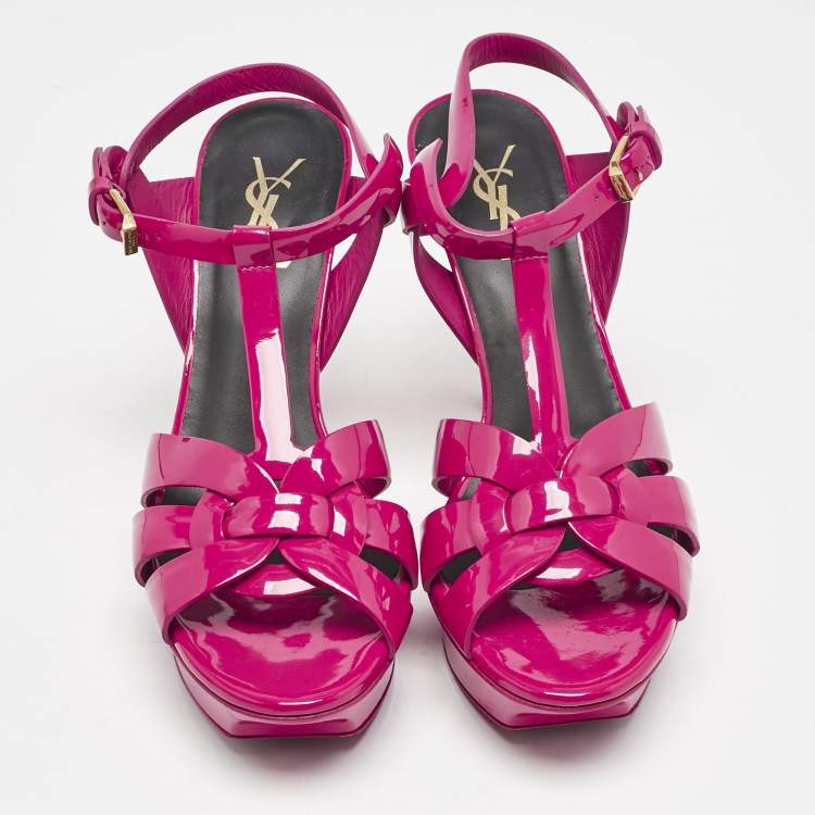 Pre Owned Saint Laurent Purple Patent Leather Tribute Ankle Strap Sandals Size 38.5