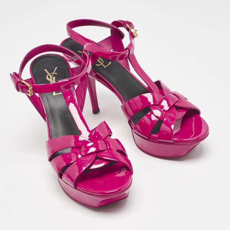 Pre Owned Saint Laurent Purple Patent Leather Tribute Ankle Strap Sandals Size 38.5