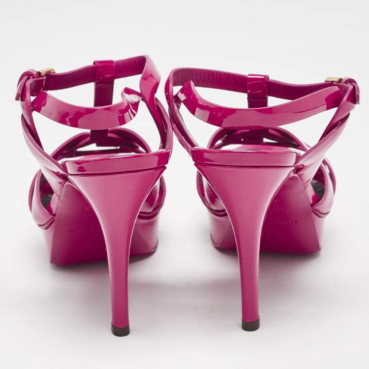 Pre Owned Saint Laurent Purple Patent Leather Tribute Ankle Strap Sandals Size 38.5