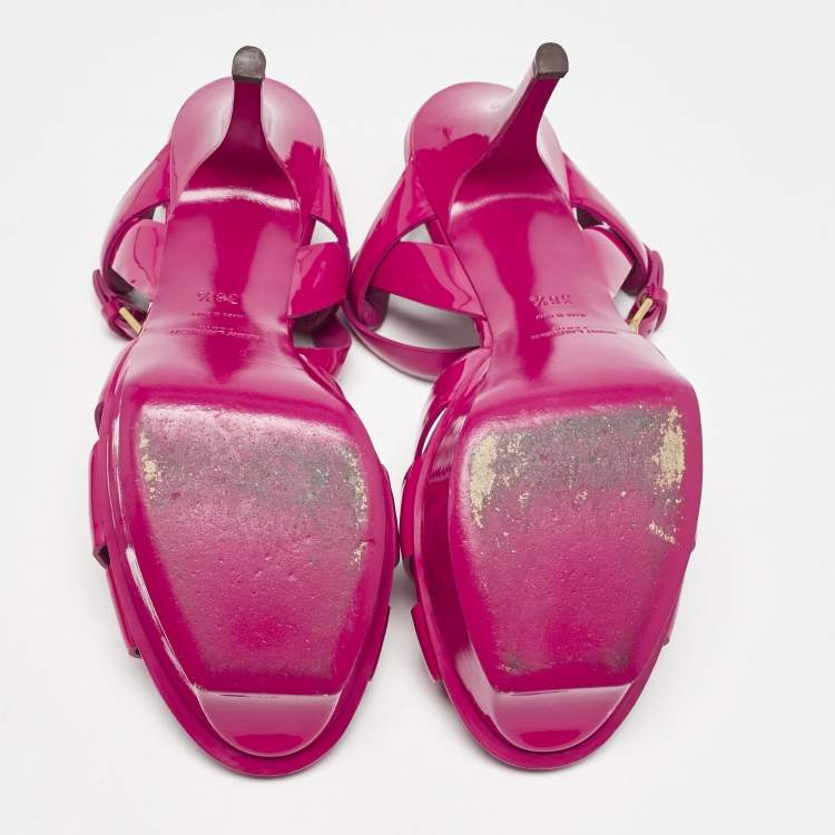 Pre Owned Saint Laurent Purple Patent Leather Tribute Ankle Strap Sandals Size 38.5