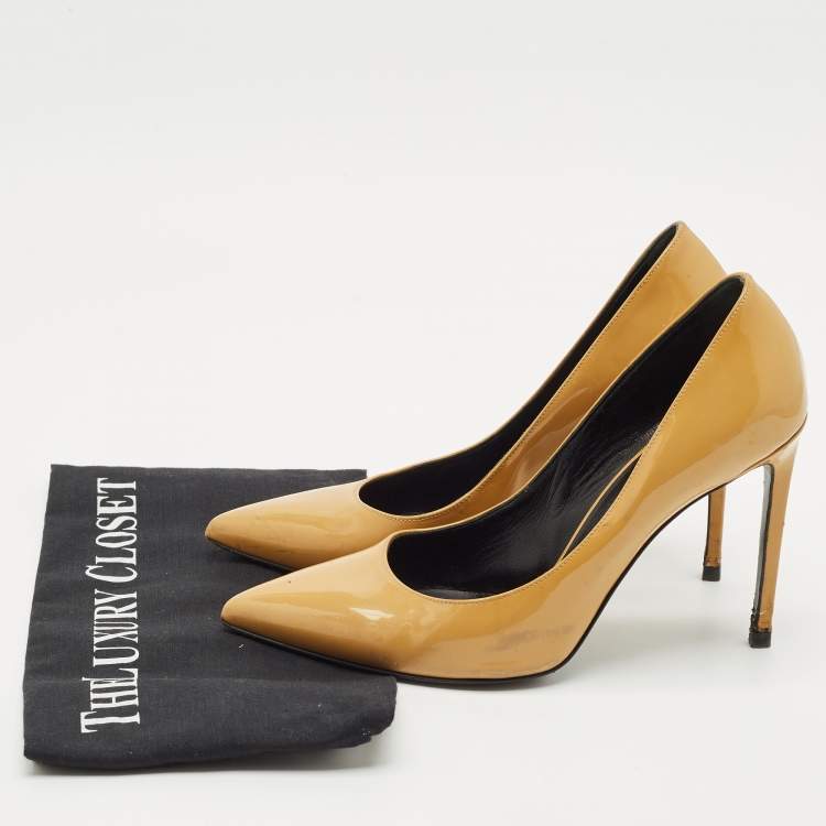 Pre Owned Saint Laurent Beige Patent Leather Anja Pointed Toe Pumps Size 37