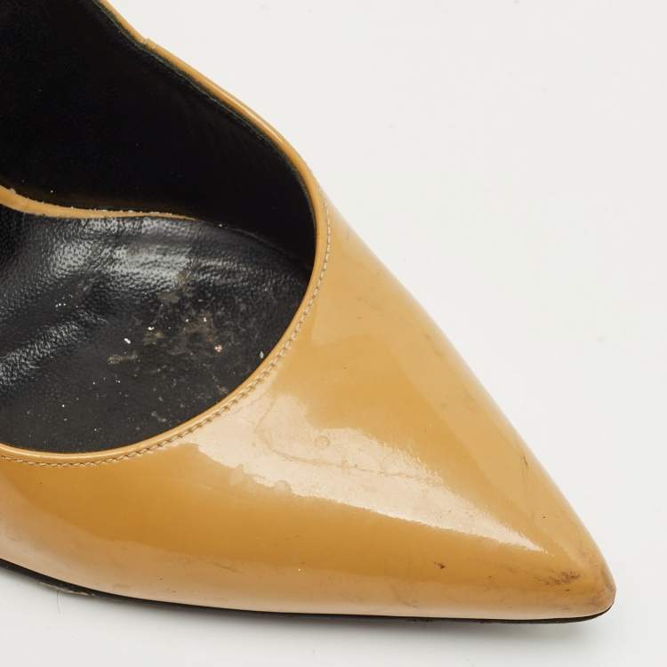 Pre Owned Saint Laurent Beige Patent Leather Anja Pointed Toe Pumps Size 37