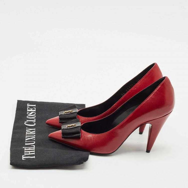Pre Owned Saint Laurent Dark Red Leather Anais Bow Pointed Toe Pumps Size 36